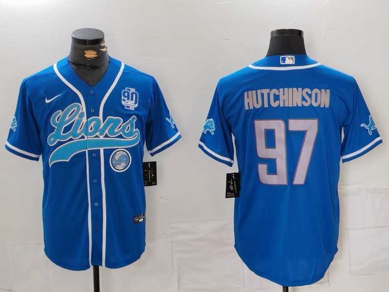 Mens Detroit Lions #97 Aidan Hutchinson Blue With 90th Patch Cool Base Stitched Baseball Jersey